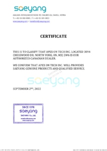 Saeyang-Authorized-Dealer-Certificate